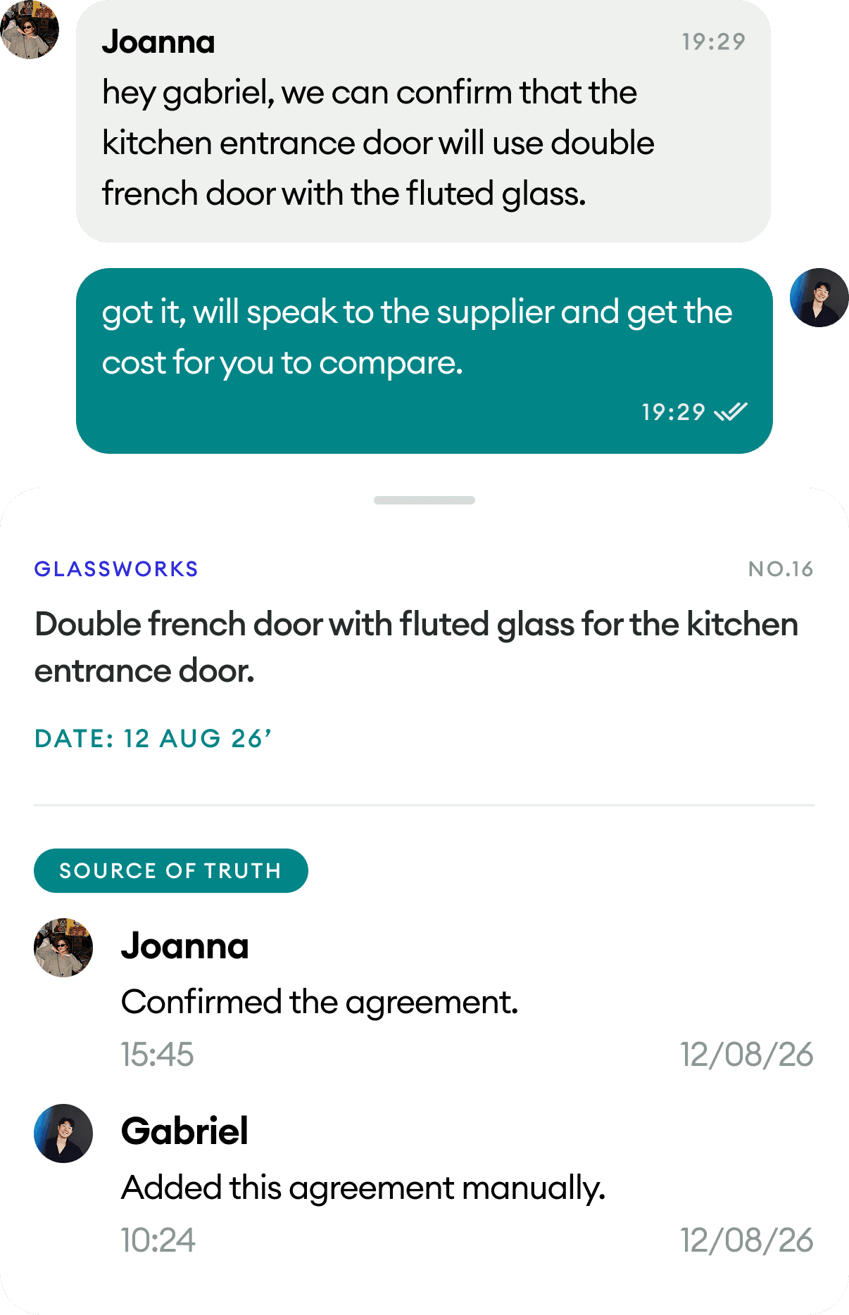 A HomePay chat where a confirmed door specification becomes a dated agreement with a signing history