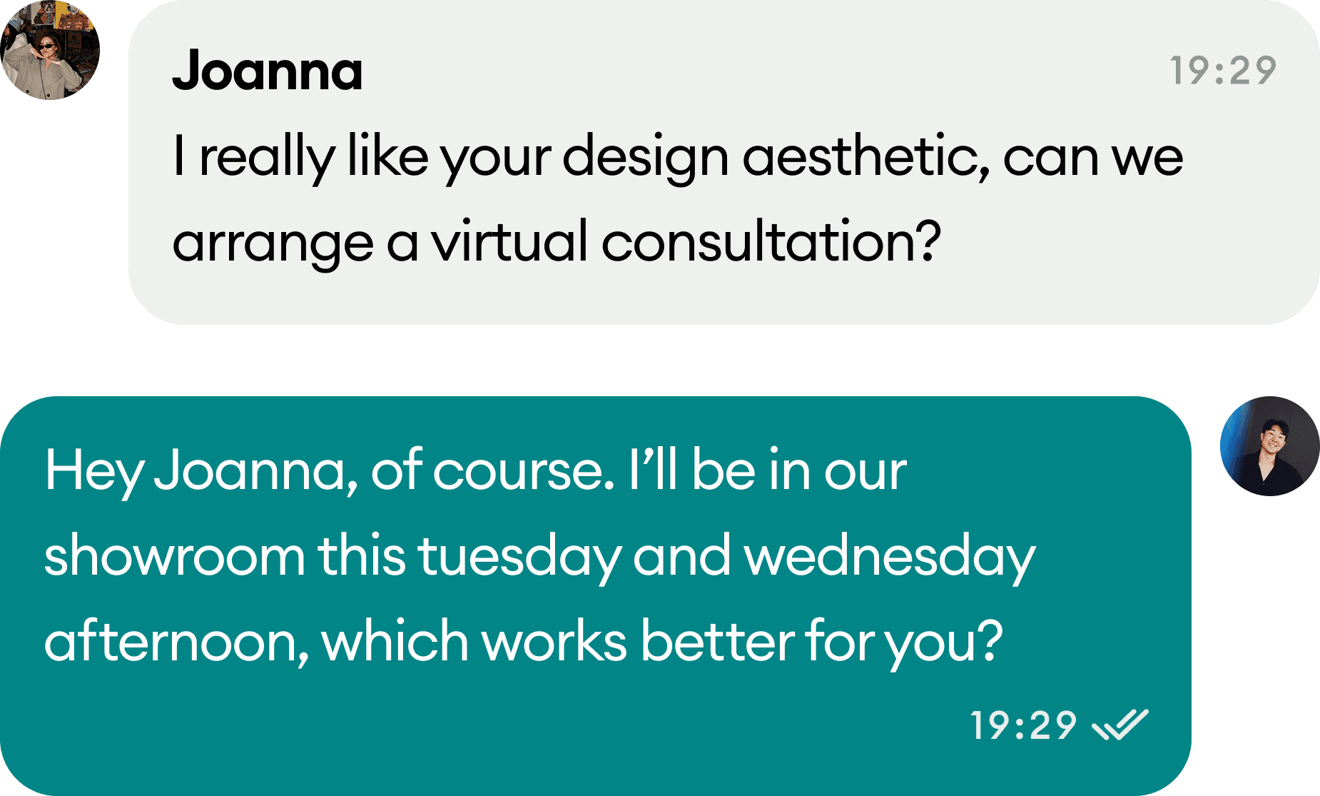 A homeowner and an interior designer arranging a virtual consultation in HomePay chat