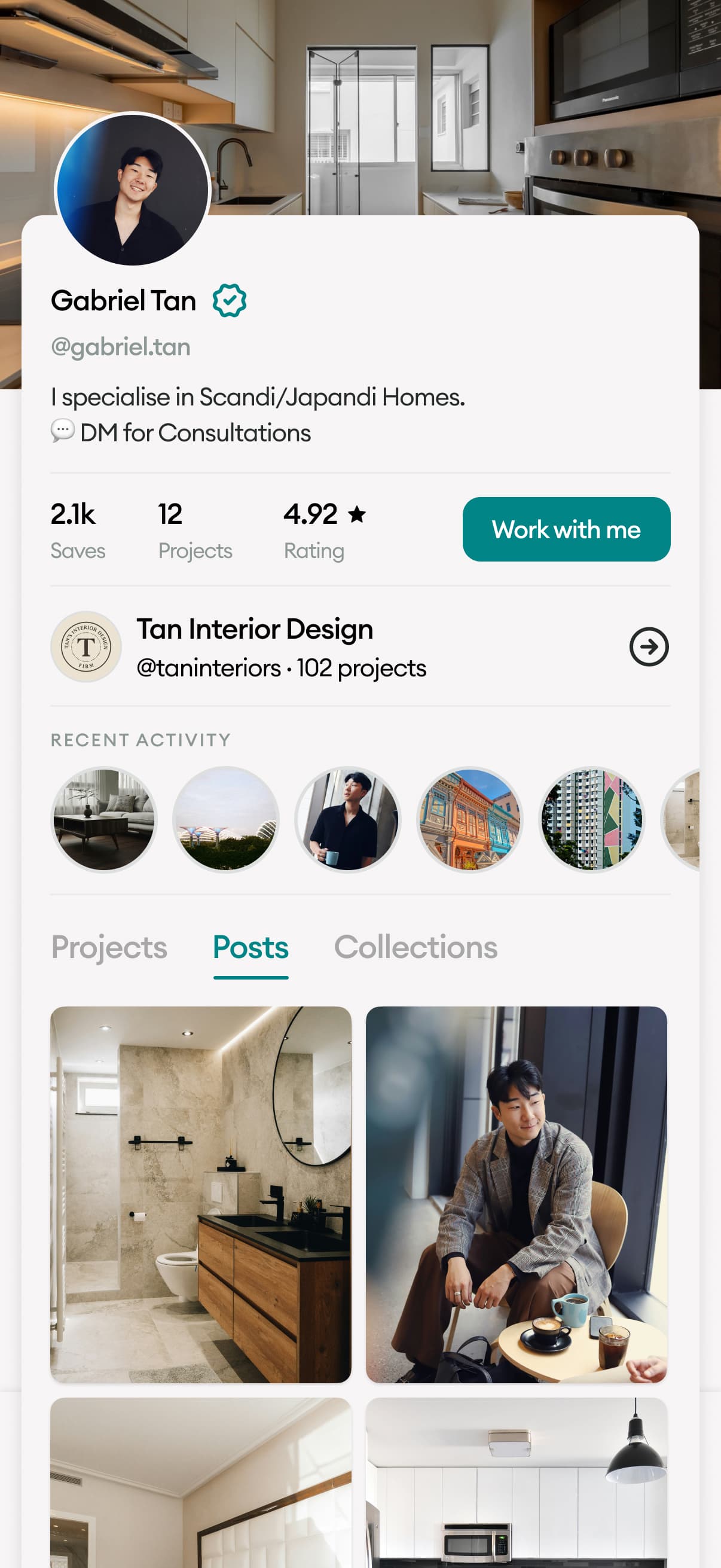 A HomePay Discover designer profile showing saves, projects, rating and recent work