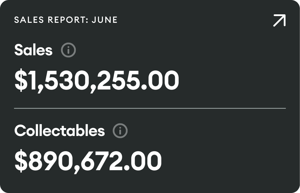A HomePay sales report card showing monthly sales and collectables