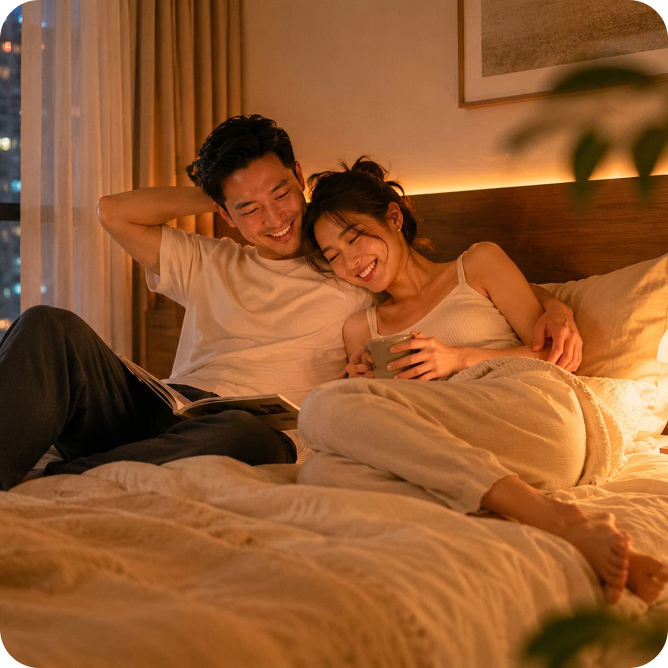 A couple relaxing on their bed, browsing the HomePay app