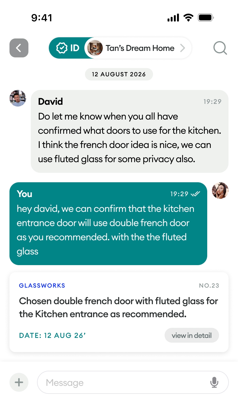 HomePay in-app chat between a homeowner and interior designer David, confirming the kitchen doors with a shared GlassWorks order