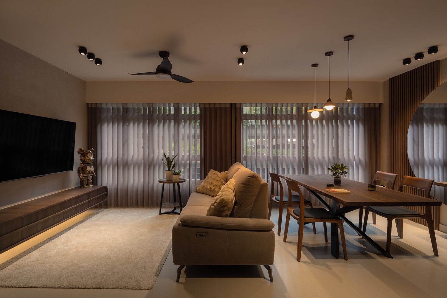 Japandi dining and living area in warm neutral tones