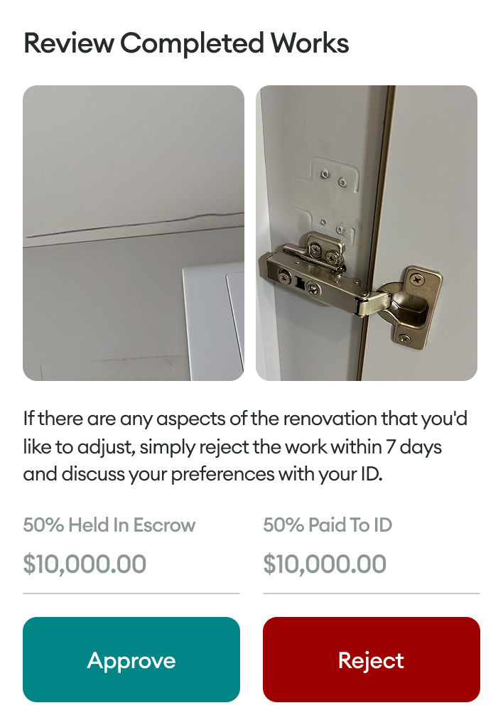 HomePay app — Review Completed Works screen with photos of the finished work, $10,000 held in escrow versus paid to the designer, and Approve or Reject buttons with a 7-day adjustment window